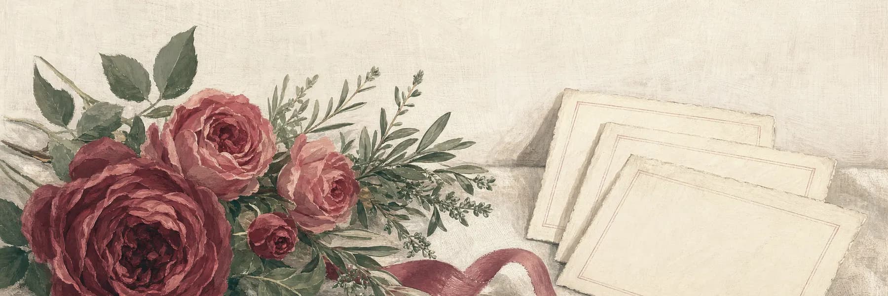 Painted banner of roses, sage, fanned note cards, and a trailing ribbon on ivory linen