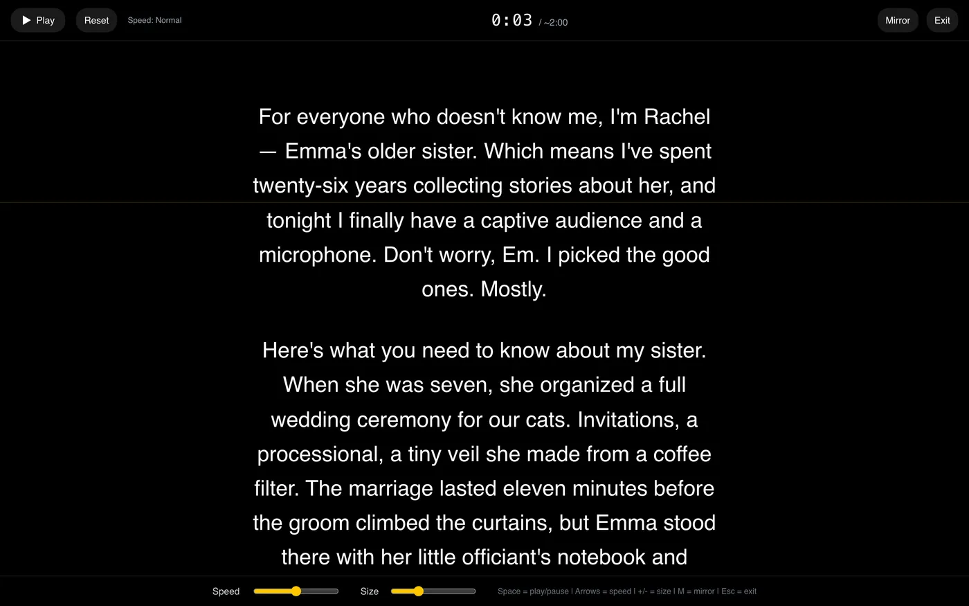 Screenshot of the practice teleprompter scrolling a maid of honor speech mid-rehearsal, with play, speed, and timer controls